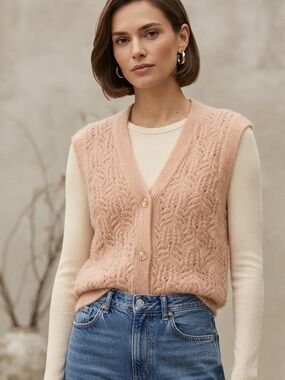 Zara Sz S Knit Peach Pink Pointelle Button Front Sweater Vest